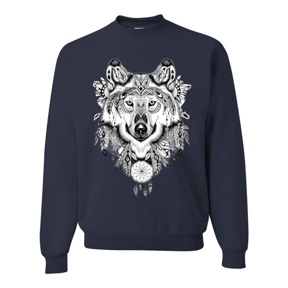 Drawn Tribal Wolf Animal Lover Unisex Crewneck Graphic Sweatshirt, Navy, X-Large