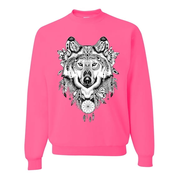 Drawn Tribal Wolf Animal Lover Unisex Crewneck Graphic Sweatshirt, Neon Pink, 3XL