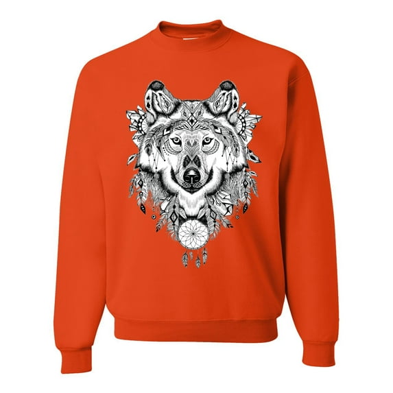 Drawn Tribal Wolf Animal Lover Unisex Crewneck Graphic Sweatshirt, Orange, Small