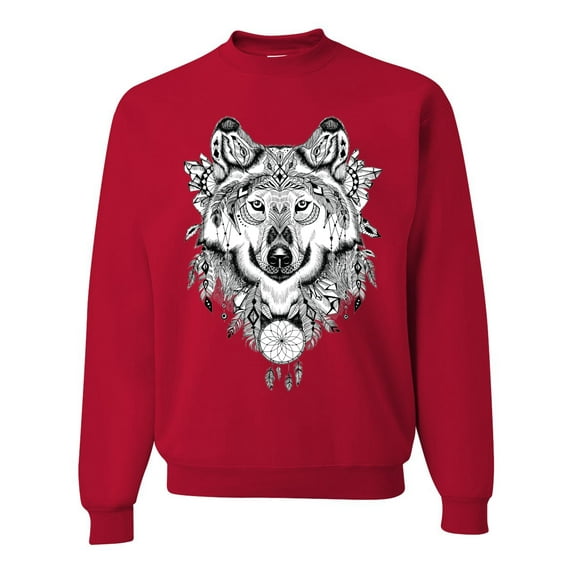 Drawn Tribal Wolf Animal Lover Unisex Crewneck Graphic Sweatshirt, Red, X-Large
