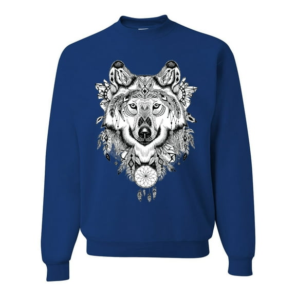 Drawn Tribal Wolf Animal Lover Unisex Crewneck Graphic Sweatshirt, Royal, Small
