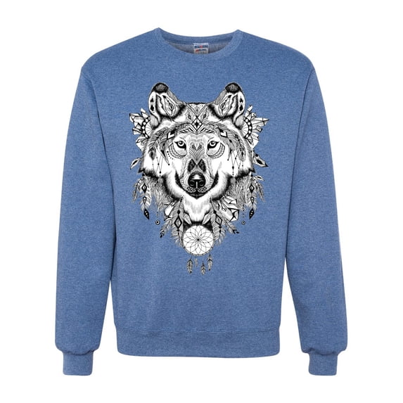Drawn Tribal Wolf Animal Lover Unisex Crewneck Graphic Sweatshirt, Vintage Heather Blue, Large