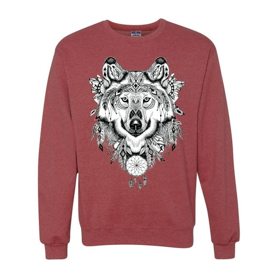 Drawn Tribal Wolf Animal Lover Unisex Crewneck Graphic Sweatshirt, Vintage Heather Red, Large