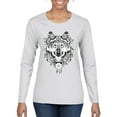 thumbnail image 1 of Drawn Tribal Wolf Animal Lover Womens Graphic Long Sleeve T-Shirt, White, Large, 1 of 3