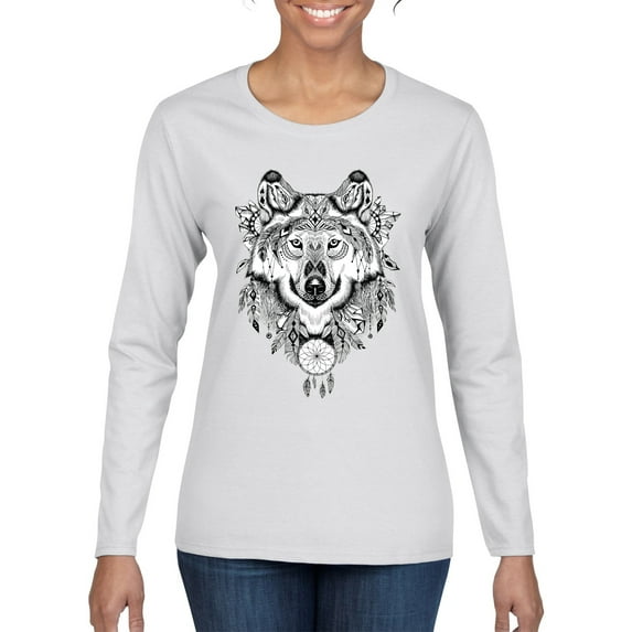 Drawn Tribal Wolf Animal Lover Womens Graphic Long Sleeve T-Shirt, White, Large