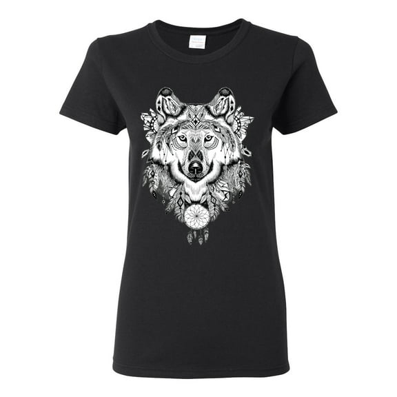 Drawn Tribal Wolf Animal Lover Womens Graphic T-Shirt, Black, Small