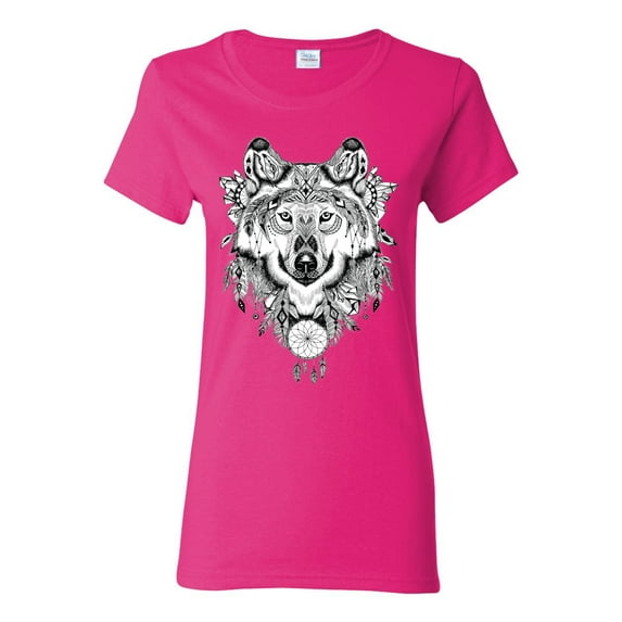 Drawn Tribal Wolf Animal Lover Womens Graphic T-Shirt, Fuschia, 2XL