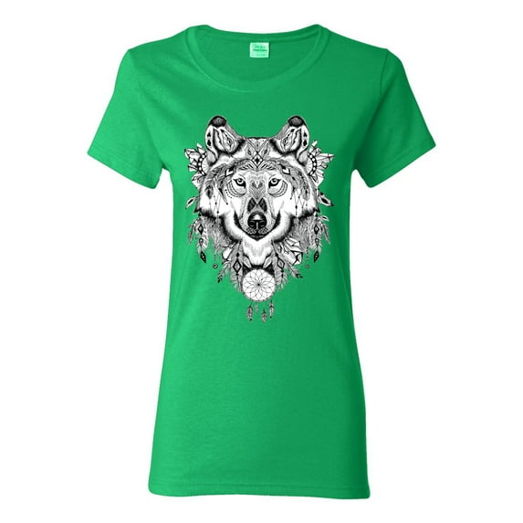 Drawn Tribal Wolf Animal Lover Womens Graphic T-Shirt, Kelly, 3XL
