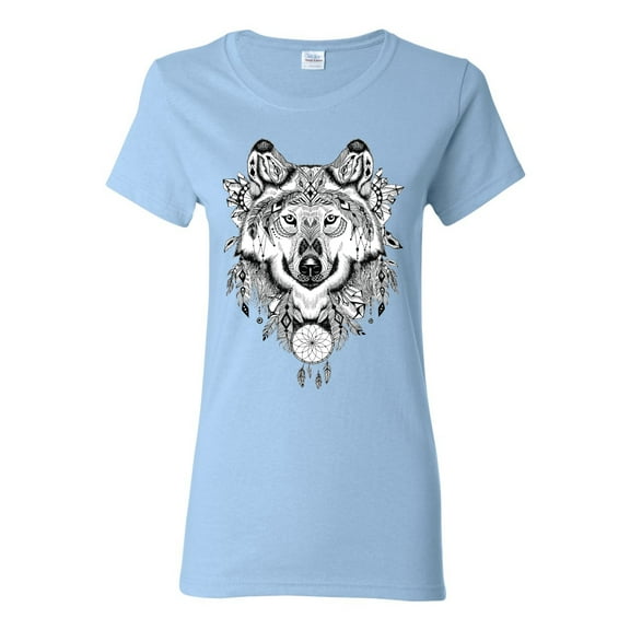 Drawn Tribal Wolf Animal Lover Womens Graphic T-Shirt, Light Blue, Medium