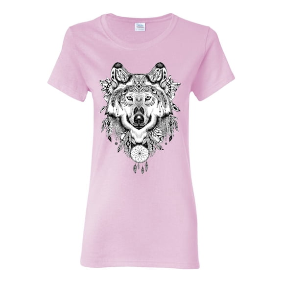 Drawn Tribal Wolf Animal Lover Womens Graphic T-Shirt, Light Pink, 3XL