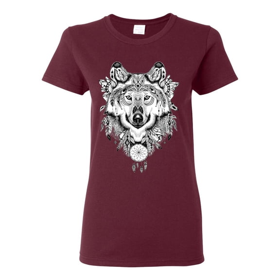 Drawn Tribal Wolf Animal Lover Womens Graphic T-Shirt, Maroon, Medium