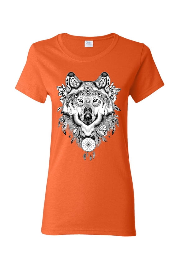 Drawn Tribal Wolf Animal Lover Womens Graphic T-Shirt, Orange, Medium