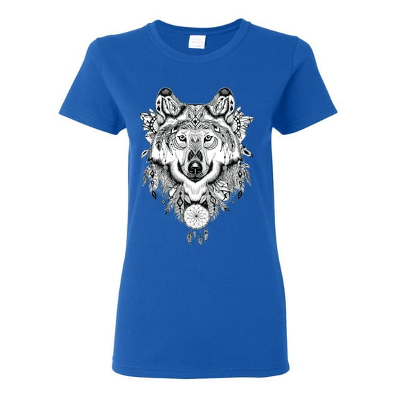 Drawn Tribal Wolf Animal Lover Womens Graphic T-Shirt, Royal, 3XL