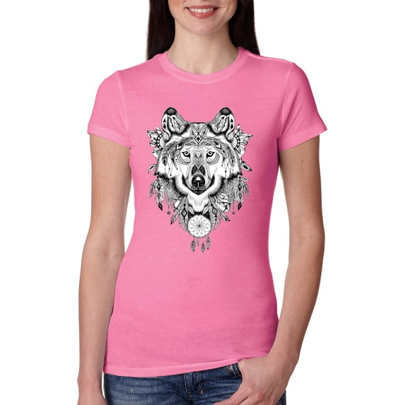 Drawn Tribal Wolf Animal Lover Womens Slim Fit Junior Tee, Hot Pink, Small
