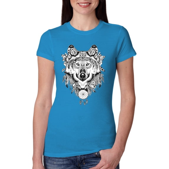 Drawn Tribal Wolf Animal Lover Womens Slim Fit Junior Tee, Turquoise, Medium