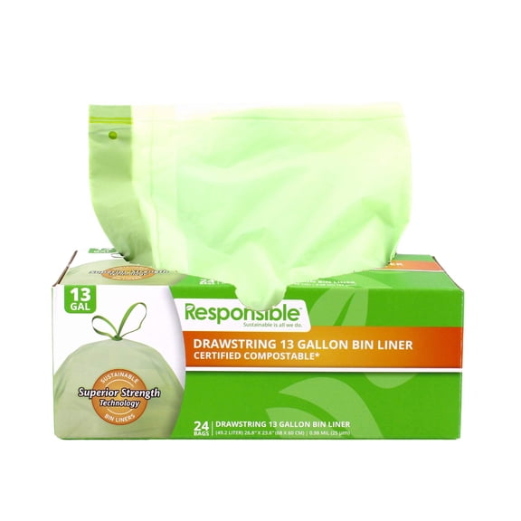 Drawstring 13 Gallon Compostable Bin Liners 24CT