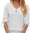 thumbnail image 1 of Drawstring 3/4 Sleeve Tops for Women V Neck Lace Up Mesh Hole Tunic Shirt Buttons Trim Slim Fit Casual Solid Blouses White,2XL, 1 of 6