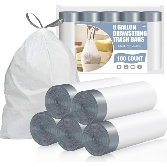 Drawstring 8 Gallon Trash Bags - 100 Count Pre-separated Medium Trash Bags 8 Gallon, Unscented White 8 Gal Garbage Bags