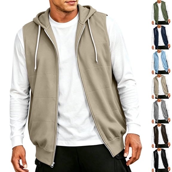 Drawstring Adjustable Hooded Sweatshirts Full Zip Up Sleeveless Regular Relaxed Fit Casual Gym Workout Sweatshirt Vest.