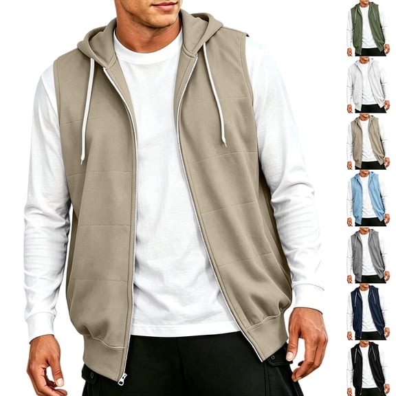 Drawstring Adjustable Hooded Sweatshirts Full Zip Up Sleeveless Regular Relaxed Fit Casual Gym Workout Sweatshirt Vest.