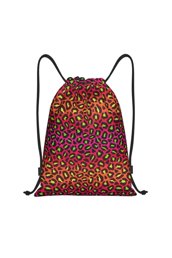 Drawstring Backpack - 80s 90s retro pink red leopard Splash Proof Small Drawstring Gym Bag for Women Men, Cinch Sports String Bag Backpack for Travel Swimming Beach