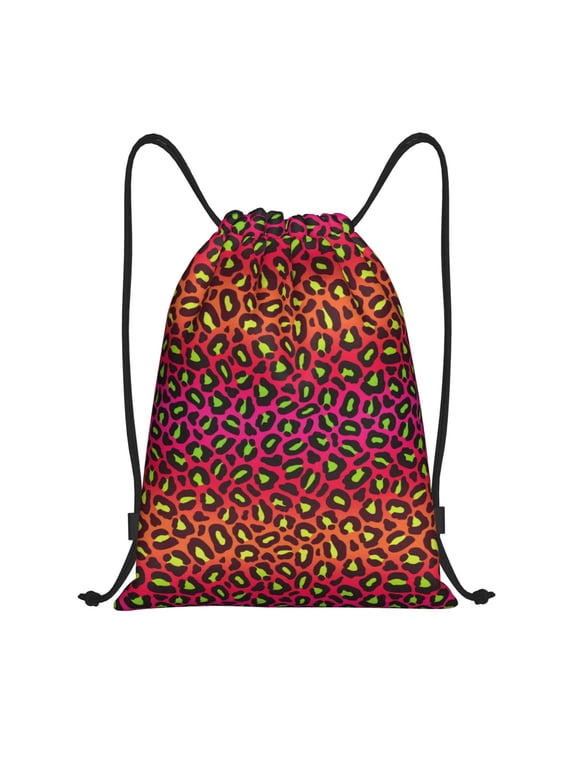 Drawstring Backpack - 80s 90s retro pink red leopard Splash Proof Small Drawstring Gym Bag for Women Men, Cinch Sports String Bag Backpack for Travel Swimming Beach
