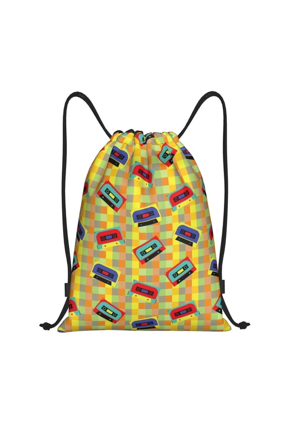 Drawstring Backpack - 90s Audio Tape Splash Proof Small Drawstring Gym Bag for Women Men, Cinch Sports String Bag Backpack for Travel Swimming Beach
