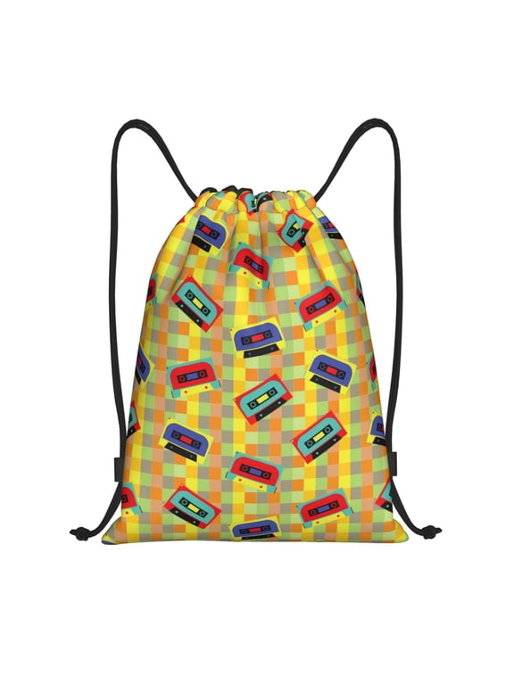 Drawstring Backpack - 90s Audio Tape Splash Proof Small Drawstring Gym Bag for Women Men, Cinch Sports String Bag Backpack for Travel Swimming Beach