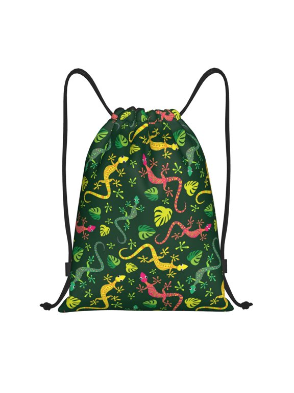 Drawstring Backpack - Abstract Cute Lizard Gecko Leaves Splash Proof Small Drawstring Gym Bag for Women Men, Cinch Sports String Bag Backpack for Travel Swimming Beach