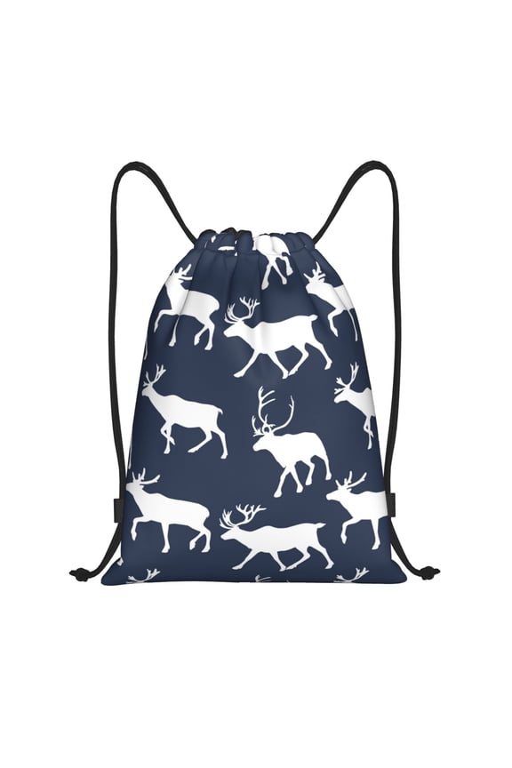 Drawstring Backpack - Aesthetic reindeer moose navyblue Splash Proof Small Drawstring Gym Bag for Women Men, Cinch Sports String Bag Backpack for Travel Swimming Beach