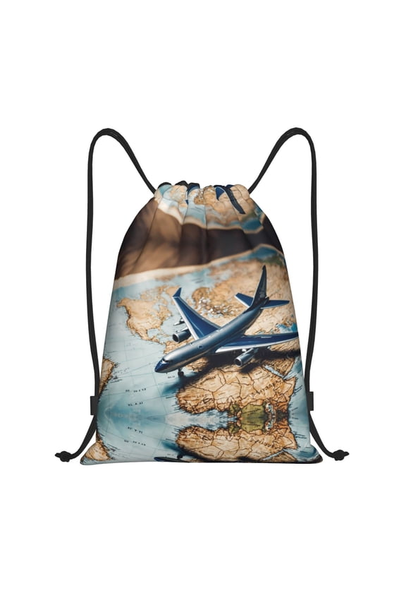 Drawstring Backpack - Airplane World Map Adventure Splash Proof Small Drawstring Gym Bag for Women Men, Cinch Sports String Bag Backpack for Travel Swimming Beach