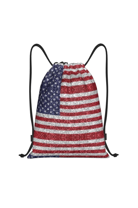 Drawstring Backpack - America Flag Glitter Splash Proof Small Drawstring Gym Bag for Women Men, Cinch Sports String Bag Backpack for Travel Swimming Beach
