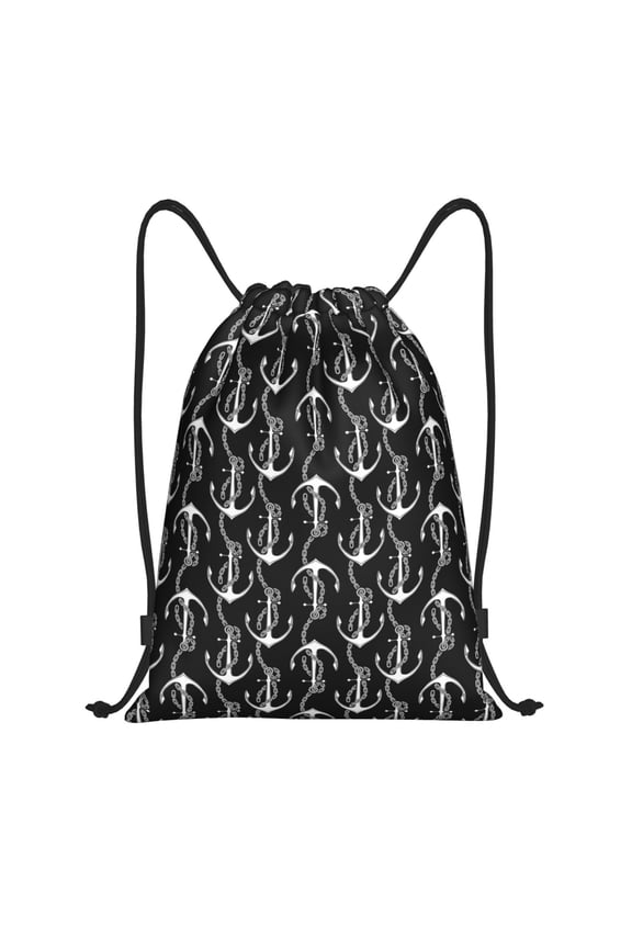 Drawstring Backpack - Anchor chain white black cool Splash Proof Small Drawstring Gym Bag for Women Men, Cinch Sports String Bag Backpack for Travel Swimming Beach