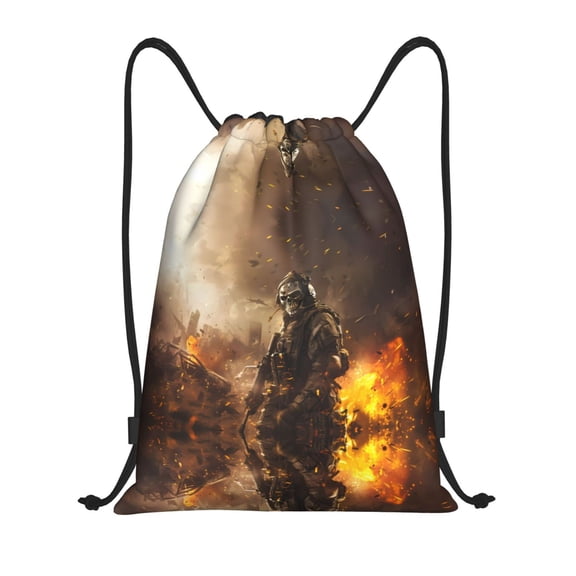 Drawstring Backpack - Apocalyptic Skull Soldier Splash Proof Small Drawstring Gym Bag for Women Men, Cinch Sports String Bag Backpack for Travel Swimming Beach