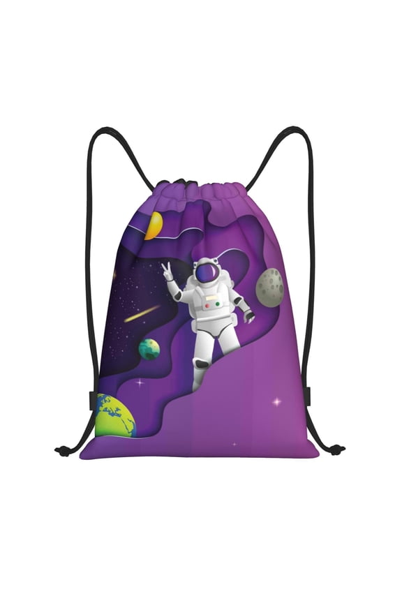Drawstring Backpack - Astronaut on Mission in Outer Space Splash Proof Small Drawstring Gym Bag for Women Men, Cinch Sports String Bag Backpack for Travel Swimming Beach