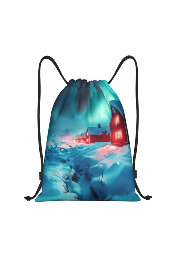 Drawstring Backpack - Aurora Borealis Village Splash Proof Small Drawstring Gym Bag for Women Men, Cinch Sports String Bag Backpack for Travel Swimming Beach