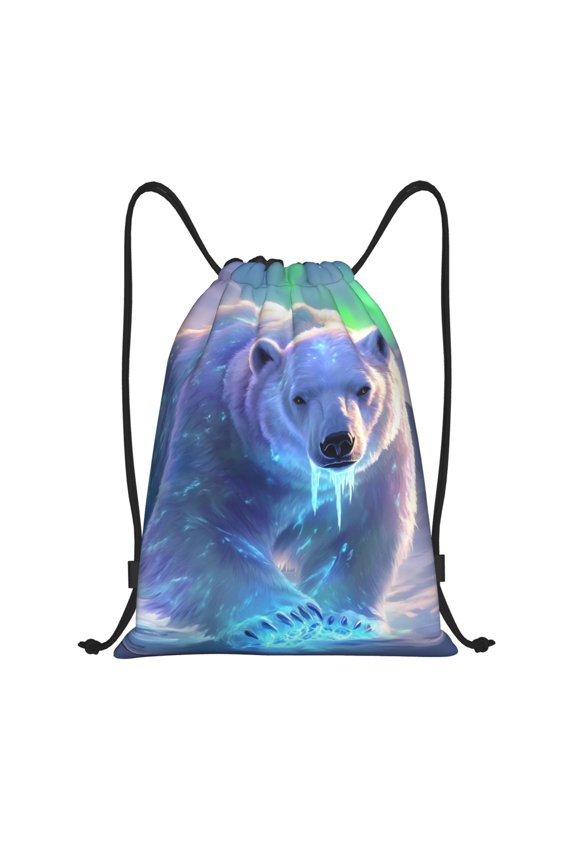 Drawstring Backpack - Aurora Icy Blue Polar Bear Splash Proof Small Drawstring Gym Bag for Women Men, Cinch Sports String Bag Backpack for Travel Swimming Beach