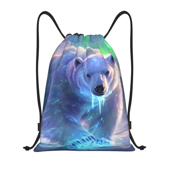 Drawstring Backpack - Aurora Icy Blue Polar Bear Splash Proof Small Drawstring Gym Bag for Women Men, Cinch Sports String Bag Backpack for Travel Swimming Beach