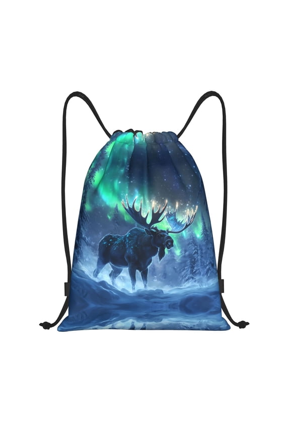 Drawstring Backpack - Aurora Mystical Winter Moose A Splash Proof Small Drawstring Gym Bag for Women Men, Cinch Sports String Bag Backpack for Travel Swimming Beach