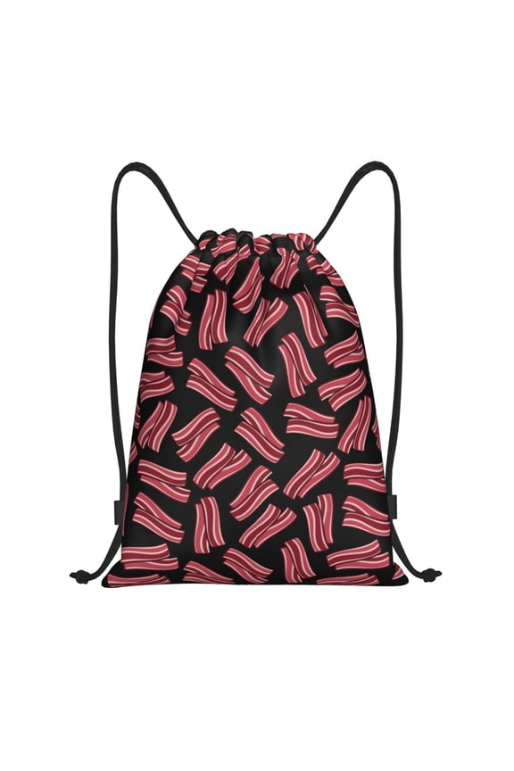 Drawstring Backpack - Bacon Print Black Splash Proof Small Drawstring Gym Bag for Women Men, Cinch Sports String Bag Backpack for Travel Swimming Beach