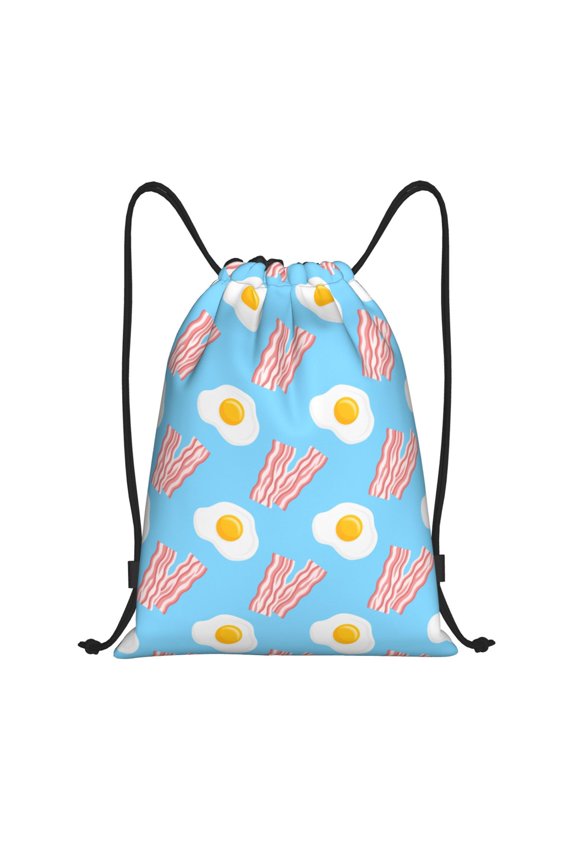 Drawstring Backpack - Bacon Print Blue Splash Proof Small Drawstring Gym Bag for Women Men, Cinch Sports String Bag Backpack for Travel Swimming Beach