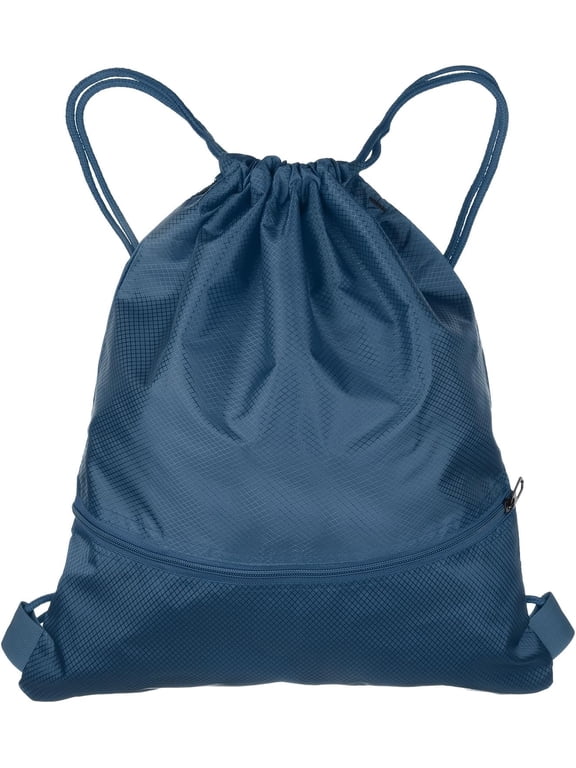 Drawstring Backpack Bag 16.5" x 19.3" Oxford Cloth Bulk Cinch Sack Unisex Waterproof Draw String Back with Zipper Pockets for Sports Gym Travel Swimming Beach, Dark Blue