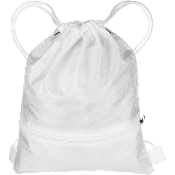 Drawstring Backpack Bag 16.5" x 19.3" Oxford Cloth Bulk Cinch Sack Unisex Waterproof Draw String Back with Zipper Pockets for Sports Gym Travel Swimming Beach, White