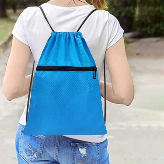 Drawstring Backpack Bag - Waterproof Draw String Back Sack, with Zip Pocket, Gym Drawstring Bags Swim Bag for Men Women, Sky Blue