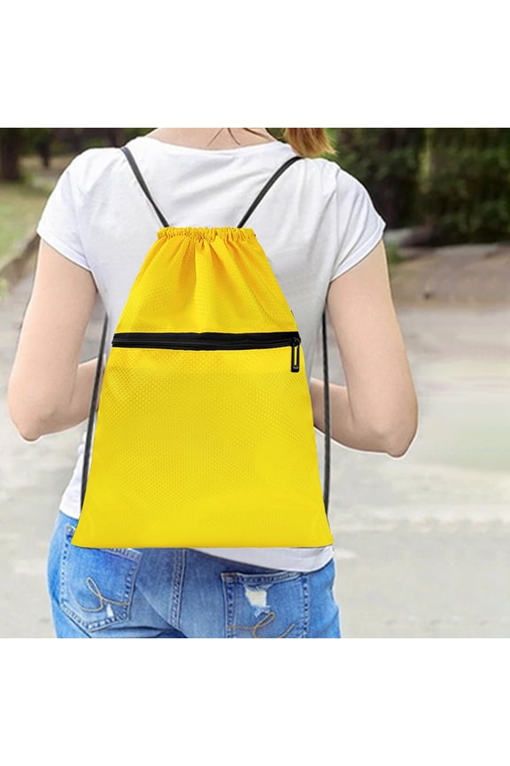 Drawstring Backpack Bag - Waterproof Draw String Back Sack, with Zip Pocket, Gym Drawstring Bags Swim Bag for Men Women, Yellow