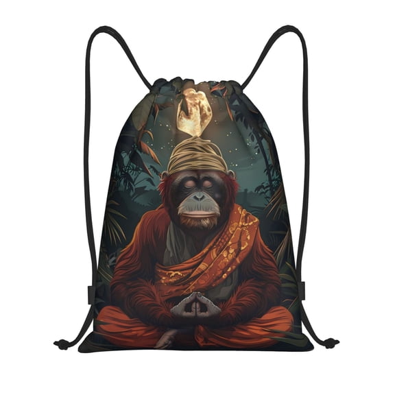Drawstring Backpack - Banana Leaf Meditating Gorilla Splash Proof Small Drawstring Gym Bag for Women Men, Cinch Sports String Bag Backpack for Travel Swimming Beach