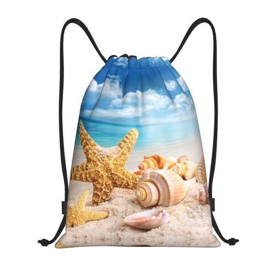 Drawstring Backpack - Beach Starfish Shell Splash Proof Small Drawstring Gym Bag for Women Men, Cinch Sports String Bag Backpack for Travel Swimming Beach