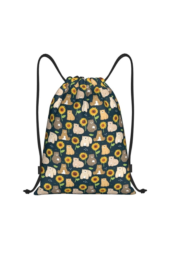 Drawstring Backpack - Bear sunflower Splash Proof Small Drawstring Gym Bag for Women Men, Cinch Sports String Bag Backpack for Travel Swimming Beach
