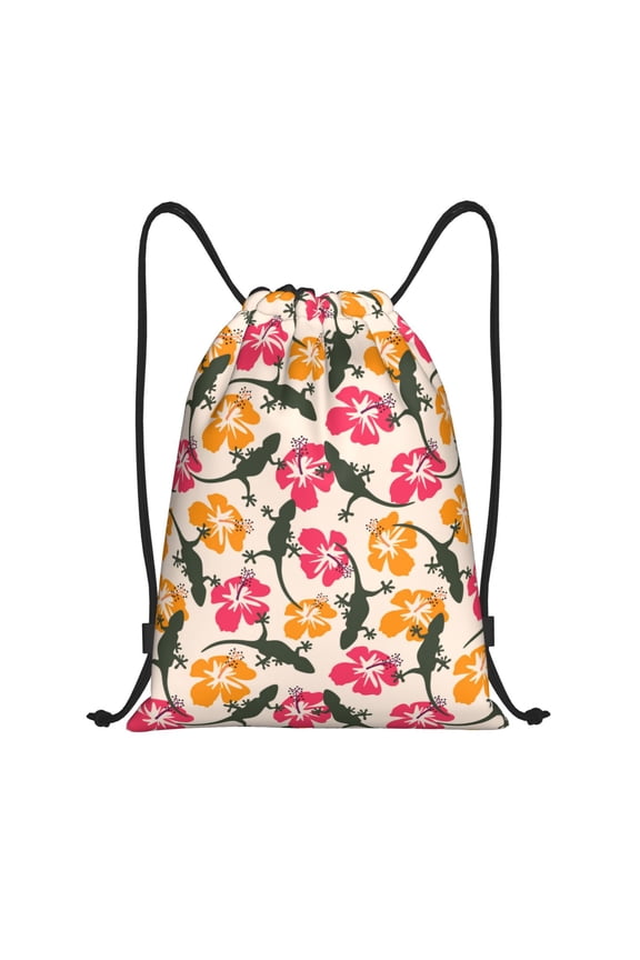 Drawstring Backpack - Black Gecko Lizard Flowers Splash Proof Small Drawstring Gym Bag for Women Men, Cinch Sports String Bag Backpack for Travel Swimming Beach