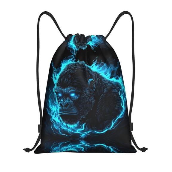 Drawstring Backpack - Black Gorilla Blue Flames Splash Proof Small Drawstring Gym Bag for Women Men, Cinch Sports String Bag Backpack for Travel Swimming Beach